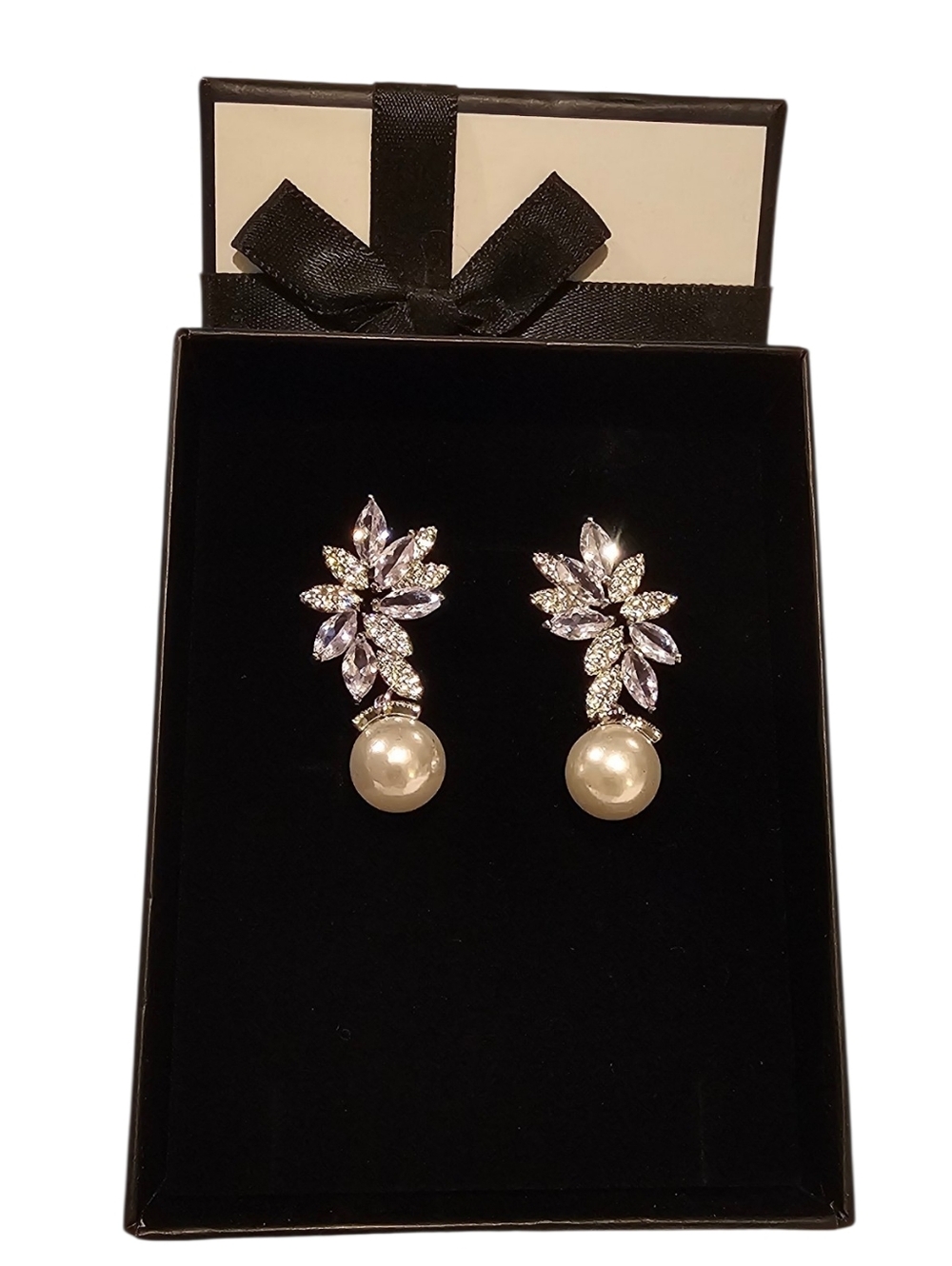 Classic Pearl Drop Crystal Floral Earrings - White